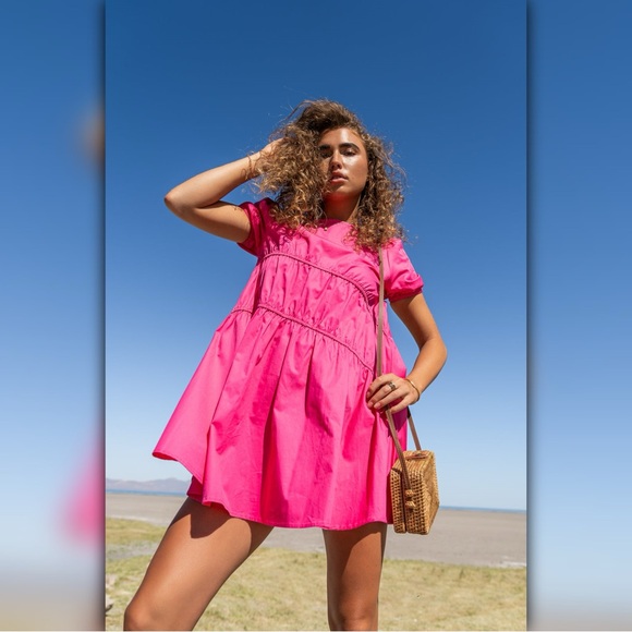 A019 ✽ Vibrant Pink Puff Sleeve Dress - Picture 3 of 5